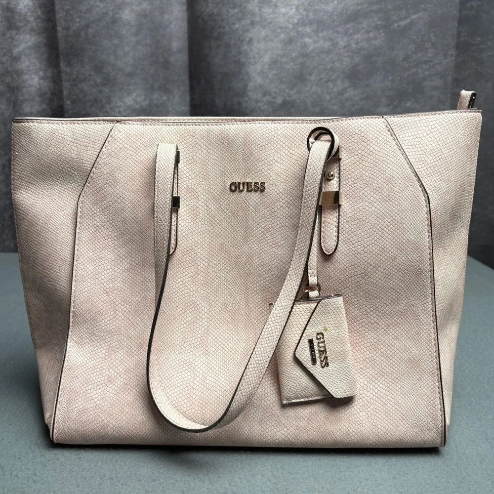 Guess Pink Snakeskin Embossed Tote Bag Zip Top Shoulder Handbag with Charm - Picture 1 of 16
